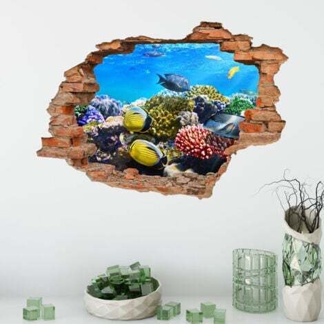 Sticker mural 3D Motif trou de mur ( poissons)