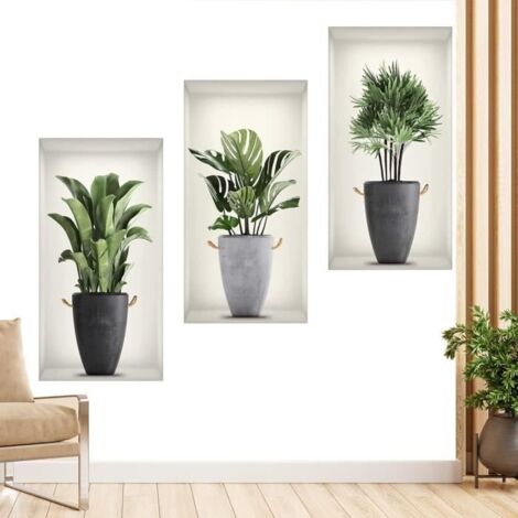 Sticker Mural 3D Plantes de Salon, Décor Végétal Vert, Idéal pour Salon, Chambre et Autres Espaces - 3 Pièces