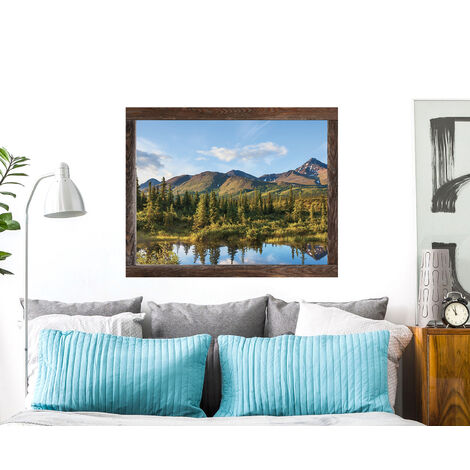Sticker mural 3D pour fenêtre, paysage canadien avec lac, montagne et forêt, reflet des arbres dans l'eau, 60x75cm