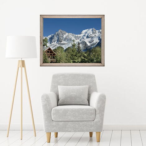 Sticker mural 3D pour fenêtre, vue sur montagne enneigée avec chalet et forêt de résineux, 60x75cm, décoration intérieure