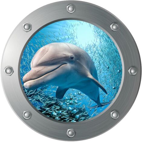 sticker Mural 3d Submarine Porthole - Dolphin (diamtre : 29cm), Dcoration Murale, Chambre D'enfant, Chambre De Bb, Salle De Bain