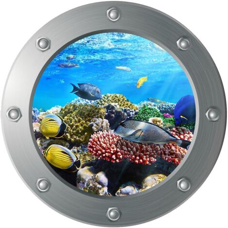 sticker Mural 3d Submarine Porthole - Ocean Fish (diamtre : 29cm), Dcoration Murale, Chambre D'enfant, Chambre De Bb, Salle De Bain