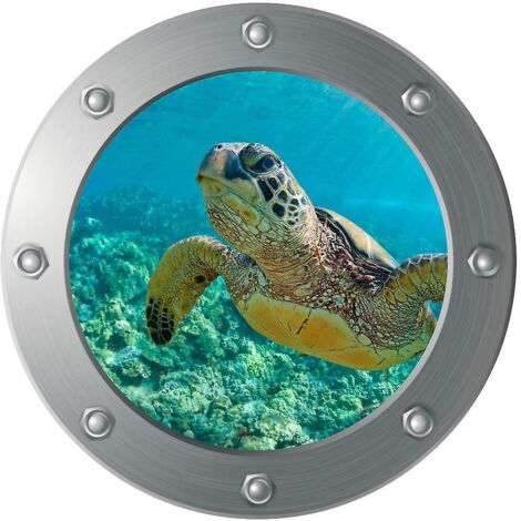 sticker Mural 3d Submarine Porthole - Turtle (diamtre : 29cm), Dcoration Murale, Chambre D'enfant, Chambre De Bb, Salle De Bain