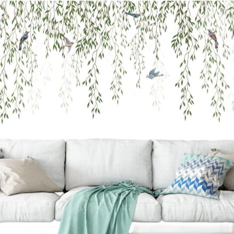 Sticker mural 56x88cm avec feuille verte, oiseau et plante pour chambre