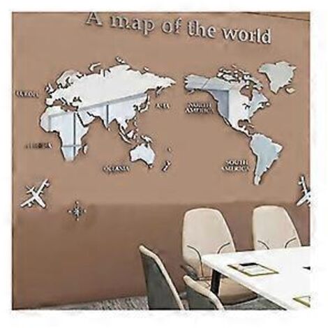 Sticker mural acrylique 3D carte du monde effet miroir pour bureau, salon, chambre, argent
