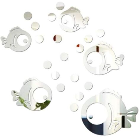 Sticker Mural Acrylique 3D Poisson et Bulles Autocollants Miroir pour Chambre Salon Salle de Bain décoration Argent-Fei Yu
