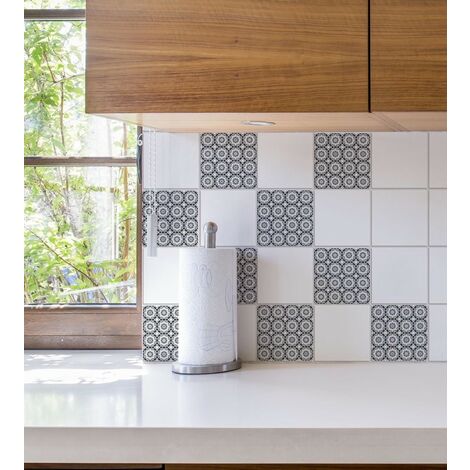 Sticker mural adhésif décoratif gris arabesques 10x10cm – Pack de 9 unités – Décoration murale rapide et repositionnable – Fabrication française – Plage