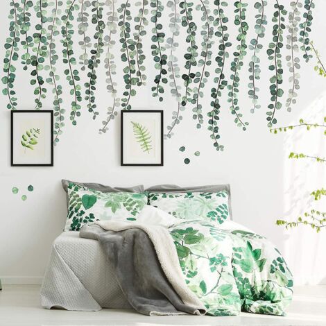 Sticker mural amovible motif aquarelle de vigne d'eucalyptus - Décoration murale facile à décoller et à coller pour la maison, la chambre d'enfant