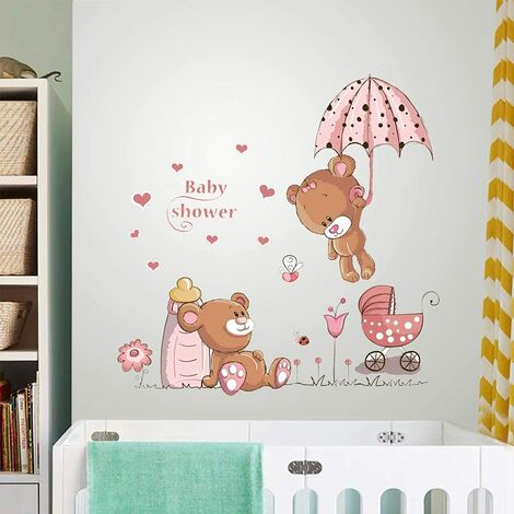 Sticker mural bébé ours en rose mignon ours en peluche coeur fleurs papillons coccinelle sticker mural décoration pour chambre de bébé chambre d'enfant