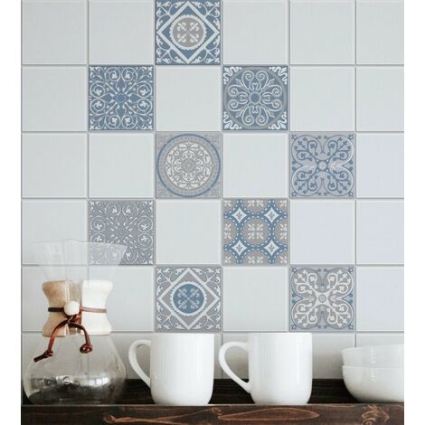 Sticker mural carrelage adhésif 10x10cm, x9 motif carreaux ciment ancien bleu clair et gris. Autocollant décoratif Souris.