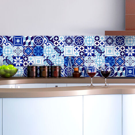 Sticker Mural Carrelage adhésif Cuisine Salle de Bain - 16 STICKERS CARRELAGES AZULEJOS NUANCE DE BLEU - 16stickers10x10cm