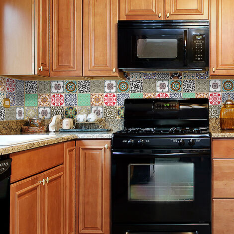 Sticker Mural Carrelage adhésif Cuisine Salle de Bain - 16 STICKERS CARRELAGES AZULEJOS STYLE DESIGN COLORÉ