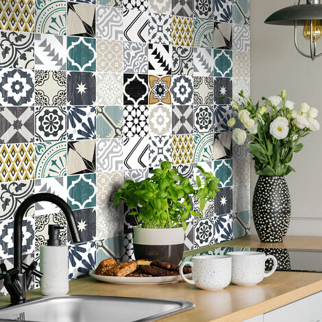 Sticker mural carrelage adhésif cuisine salle de bain – 24 stickers carreaux de ciment 10x10cm – Surface couverte 0,24m² – Application facile - 24stickers10x10cm