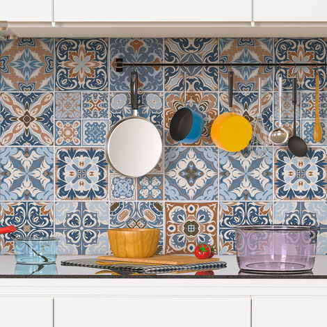 Sticker Mural Carrelage adhésif Cuisine Salle de Bain - 24 STICKERS CARREAUX DE CIMENT AZULEJOS ALBANO - 24stickers10x10cm