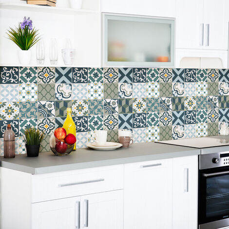 Sticker Mural Carrelage adhésif Cuisine Salle de Bain - 24 STICKERS CARREAUX DE CIMENT AZULEJOS RONY - 24stickers10x10cm