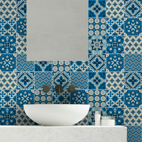 Sticker Mural Carrelage adhésif Cuisine Salle de Bain - 24 STICKERS CARREAUX DE CIMENT AZULEJOS SILVIA - 24stickers10x10cm