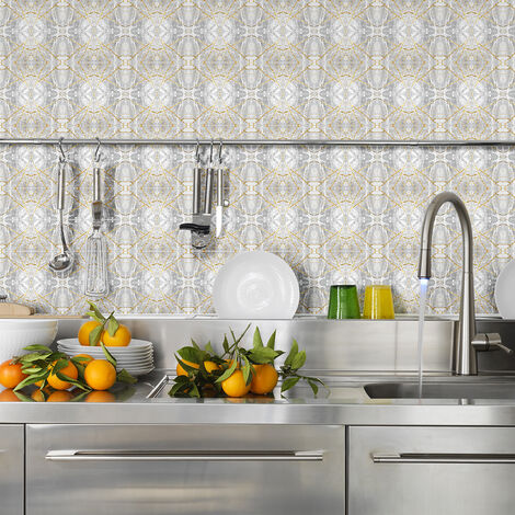 Sticker Mural Carrelage adhésif Cuisine Salle de Bain - 24 STICKERS CARREAUX DE CIMENT EFFET MARBRE GRIS ET DORÉ - 24stickers15x15cm