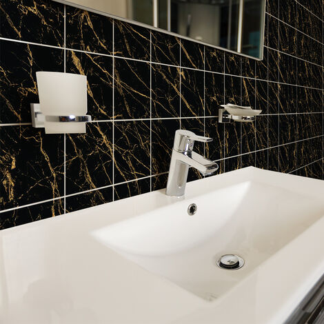 Sticker Mural Carrelage adhésif Cuisine Salle de Bain - 24 STICKERS CARREAUX DE CIMENT MARBRE NOIR DE VENICE - 24stickers10x10cm