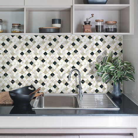 Sticker Mural Carrelage adhésif Cuisine Salle de Bain - 24 STICKERS CARRELAGES EFFET MARBRÉ BLANC BEIGE ET NOIR - 24stickers10x10cm