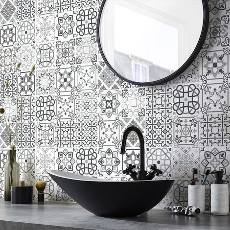 Sticker Mural Carrelage adhésif Cuisine Salle de Bain - 30 STICKERS CARREAUX DE CIMENT NUANCES DE GRIS BARI - 30stickers10x10cm