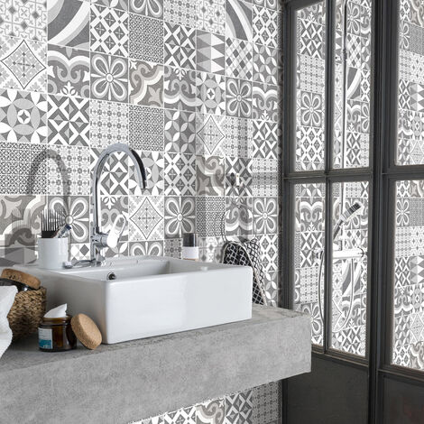 Sticker Mural Carrelage adhésif Cuisine Salle de Bain - 60 STICKERS CARREAUX DE CIMENT AUTHENTIQUES CARDINIA - 60stickers20x20cm