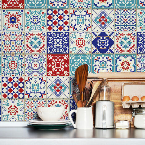 Sticker Mural Carrelage adhésif Cuisine Salle de Bain - 60 STICKERS CARREAUX DE CIMENT AZULEJOS FLAVIA - 60stickers20x20cm