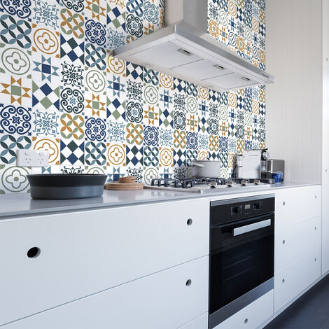 Sticker Mural Carrelage adhésif Cuisine Salle de Bain - 60 STICKERS CARREAUX DE CIMENT AZULEJOS HANA - 60stickers20x20cm