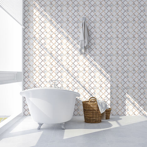 Sticker Mural Carrelage adhésif Cuisine Salle de Bain - 60 STICKERS CARREAUX DE CIMENT EFFET MARBRE LOSANGES DORÉS - 60stickers10x10cm