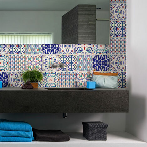 Sticker Mural Carrelage adhésif Cuisine Salle de Bain - 9 STICKERS CARREAUX DE CIMENT AZULEJOS ANGELINO - 9stickers15x15cm
