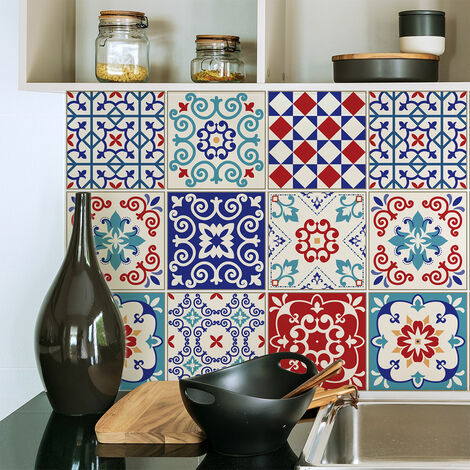 Sticker Mural Carrelage adhésif Cuisine Salle de Bain - 9 STICKERS CARREAUX DE CIMENT AZULEJOS GIRAONO - 9stickers20x20cm