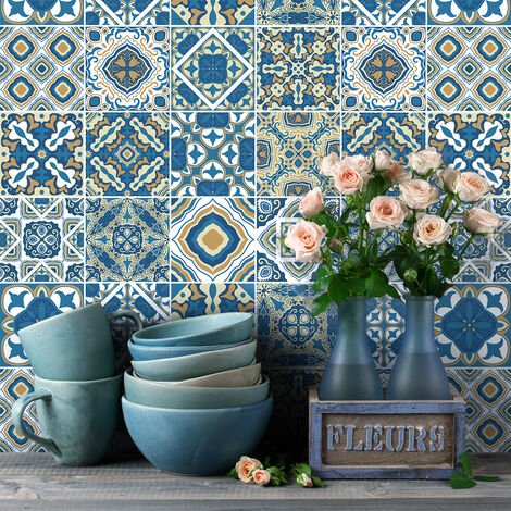 Sticker Mural Carrelage adhésif Cuisine Salle de Bain - 9 STICKERS CARREAUX DE CIMENT AZULEJOS ISABELO - 9stickers20x20cm