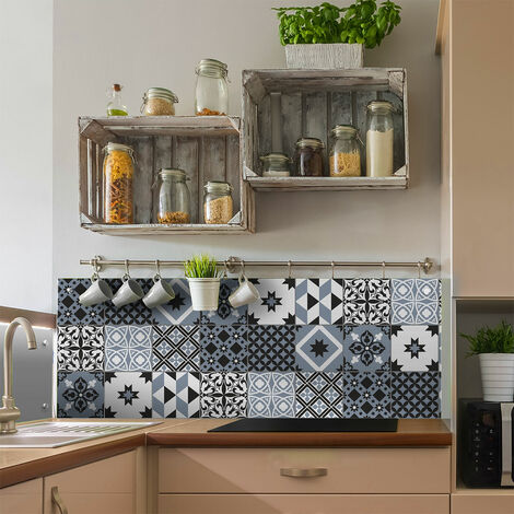 Sticker Mural Carrelage adhésif Cuisine Salle de Bain - 9 STICKERS CARREAUX DE CIMENT AZULEJOS JUNITA - 9stickers20x20cm