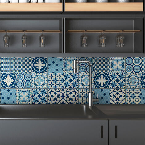 Sticker Mural Carrelage adhésif Cuisine Salle de Bain - 9 STICKERS CARREAUX DE CIMENT AZULEJOS LUANA - 9stickers20x20cm