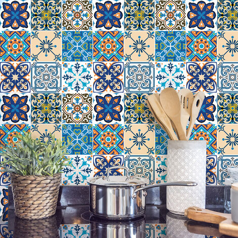 Sticker Mural Carrelage adhésif Cuisine Salle de Bain - 9 STICKERS CARREAUX DE CIMENT CAPRORA
