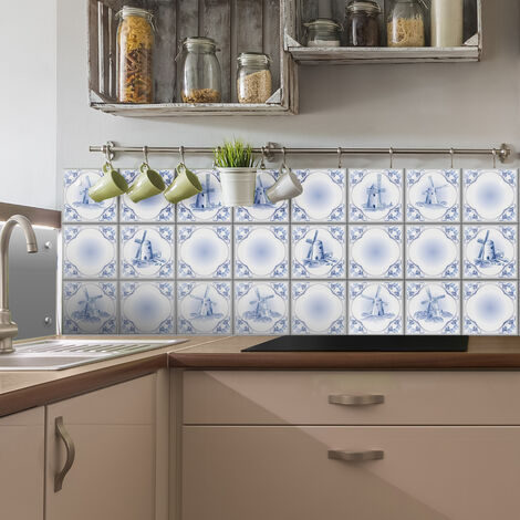 Sticker Mural Carrelage adhésif Cuisine Salle de Bain - 9 STICKERS CARREAUX DE CIMENT DELFT LE HELDER - 9stickers15x15cm