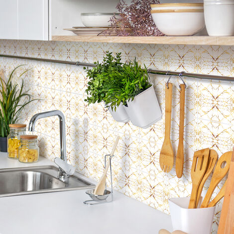 Sticker Mural Carrelage adhésif Cuisine Salle de Bain - 9 STICKERS CARREAUX DE CIMENT EFFET MARBRÉ DORÉ CHIC - 9stickers20x20cm