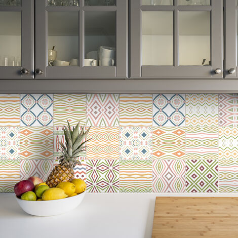 Sticker Mural Carrelage adhésif Cuisine Salle de Bain - 9 STICKERS CARREAUX DE CIMENT ETHNIQUE ARAO - 9stickers20x20cm
