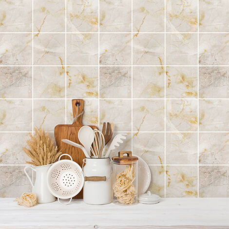 Sticker Mural Carrelage adhésif Cuisine Salle de Bain - 9 STICKERS CARREAUX DE CIMENT MARBRE BEIGE DE CALI - 9stickers15x15cm