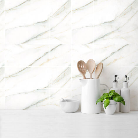 Sticker Mural Carrelage adhésif Cuisine Salle de Bain - 9 STICKERS CARREAUX DE CIMENT MARBRE BLANC DE PAZ - 9stickers15x15cm