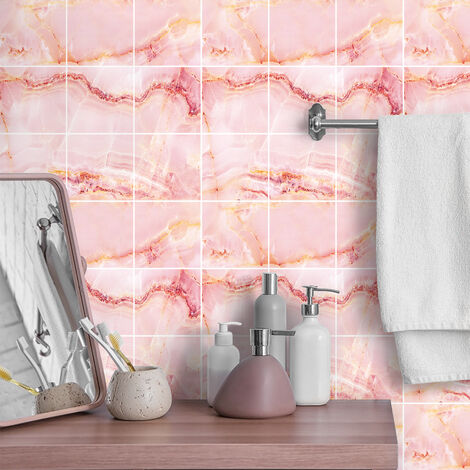 Sticker Mural Carrelage adhésif Cuisine Salle de Bain - 9 STICKERS CARREAUX DE CIMENT MARBRE ROSE DE BONOA - 9stickers20x20cm