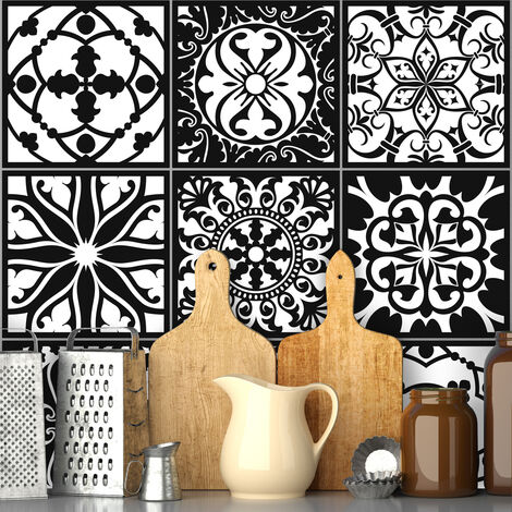 Sticker Mural Carrelage adhésif Cuisine Salle de Bain - 9 STICKERS CARRELAGES AZULEJOS BAROQUE NUANCE BLANC ET NOIR - 9stickers15x15cm