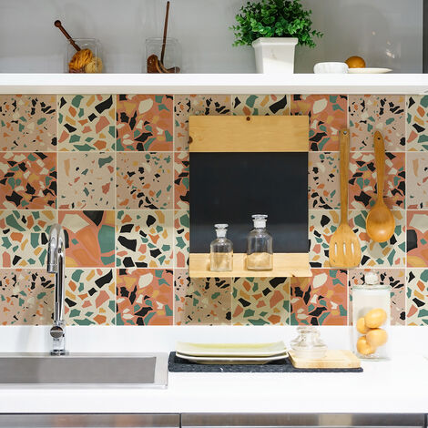 Sticker Mural Carrelage adhésif Cuisine Salle de Bain - 9 STICKERS CARRELAGES TERRAZZO ZUNILDA - 9stickers10x10cm