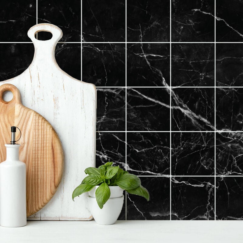 Sticker Mural Carrelage adhésif Cuisine Salle de Bain - 30 stickers carrelages marbre noir de carthagena - 30stickers20x20cm