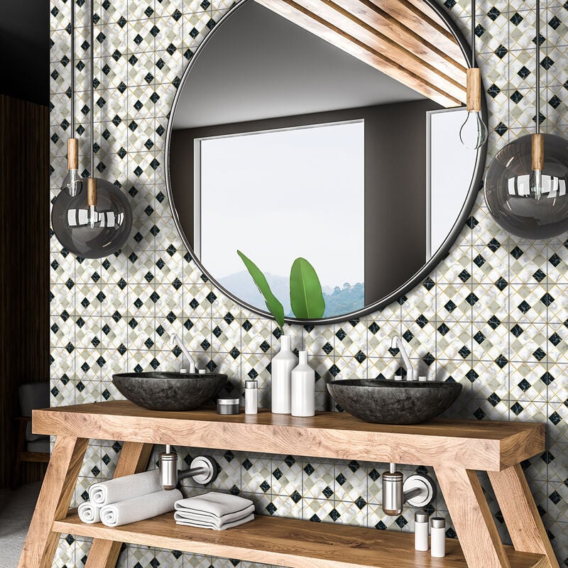 Sticker Mural Carrelage adhésif Cuisine Salle de Bain - 60 stickers carreaux de ciment effet marbré blanc beige et noir - 60stickers10x10cm