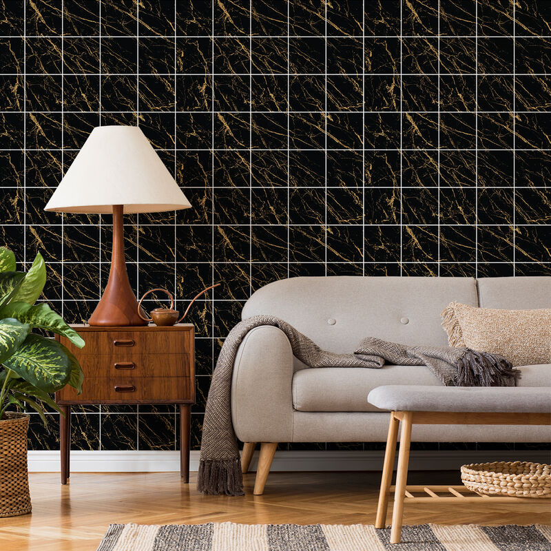 Sticker Mural Carrelage adhésif Cuisine Salle de Bain - 60 stickers carreaux de ciment marbre noir de florence - 60stickers10x10cm