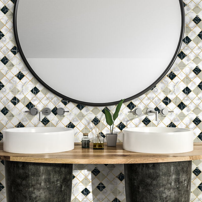 Sticker Mural Carrelage adhésif Cuisine Salle de Bain - 9 stickers carrelages effet marbré blanc beige et noir - 9stickers20x20cm