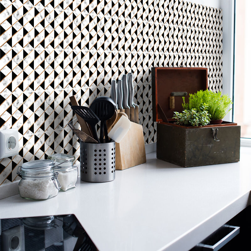 Sticker Mural Carrelage adhésif Cuisine Salle de Bain - 9 stickers carrelages effet marbre noir et blanc dorés - 9stickers20x20cm