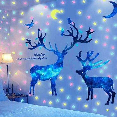 Sticker mural cerf ciel étoilé créatif, lueur dans la lune noire et autocollants muraux étoiles, papier peint mural adhésif cerf galaxie amovible pour chambre d'enfant chambre d'adolescent