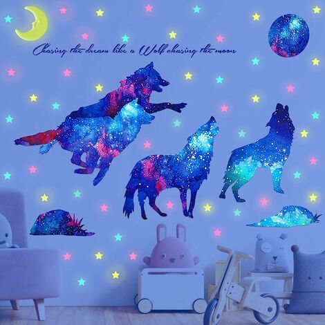 Sticker mural créatif ciel étoilé loup, lueur dans la lune noire et autocollants muraux étoiles, papier peint adhésif amovible Galaxy Wolf pour enfants chambre d'adolescent chambre d'enfant