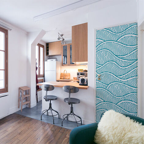 Sticker mural déco Vagues bleues et blanches, 204 cm X 83 cm, WSH, porte intérieure